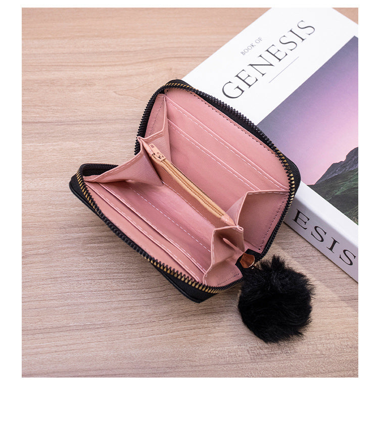 Woman's Fu Leather Pom Pom Coin Purse
