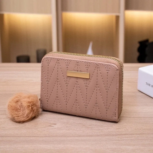 Woman's Fu Leather Pom Pom Coin Purse