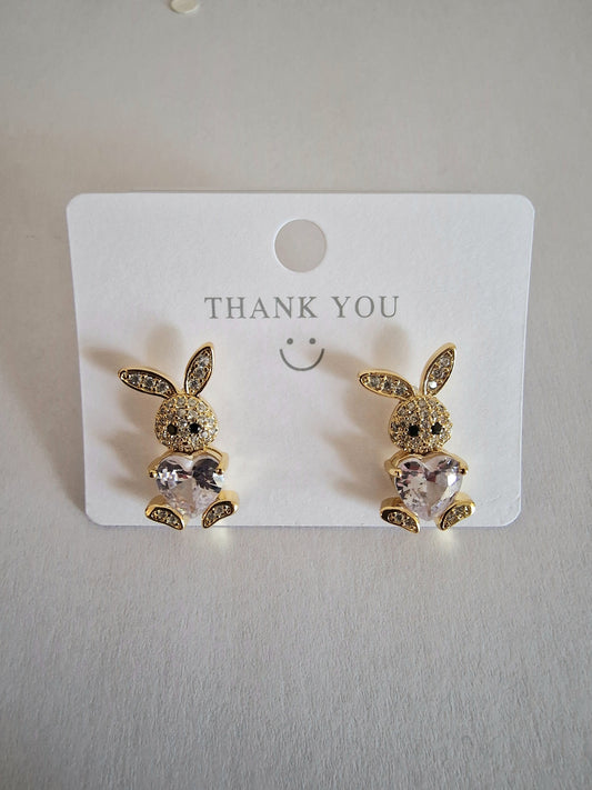 Gold Bunny White Stud Earrings